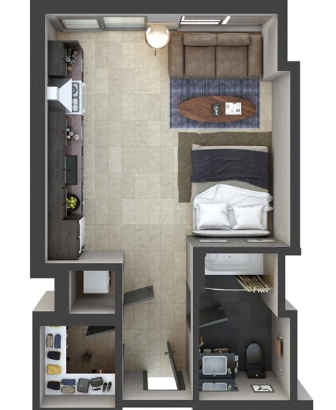 Floor plan for studio, 1 bath, 496 sqft